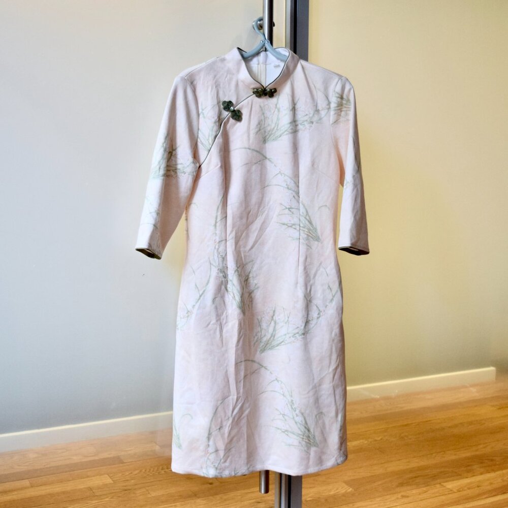 Beige Green Flora Faux Suedue Qipao A Line Dress